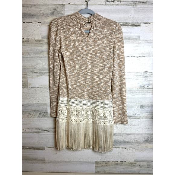 Altar'd State womens small long sleeve tan cream lace tunic top fringe sweater - Picture 2 of 8